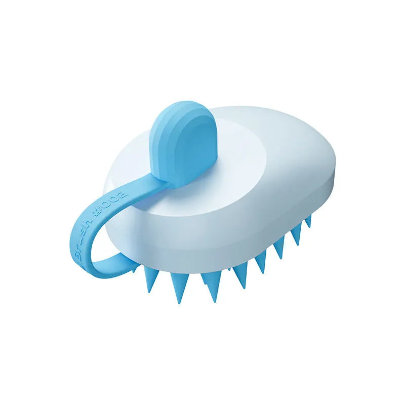 Handheld silicone pet grooming brush for dogs in dark blue, green, light blue, or white colour options