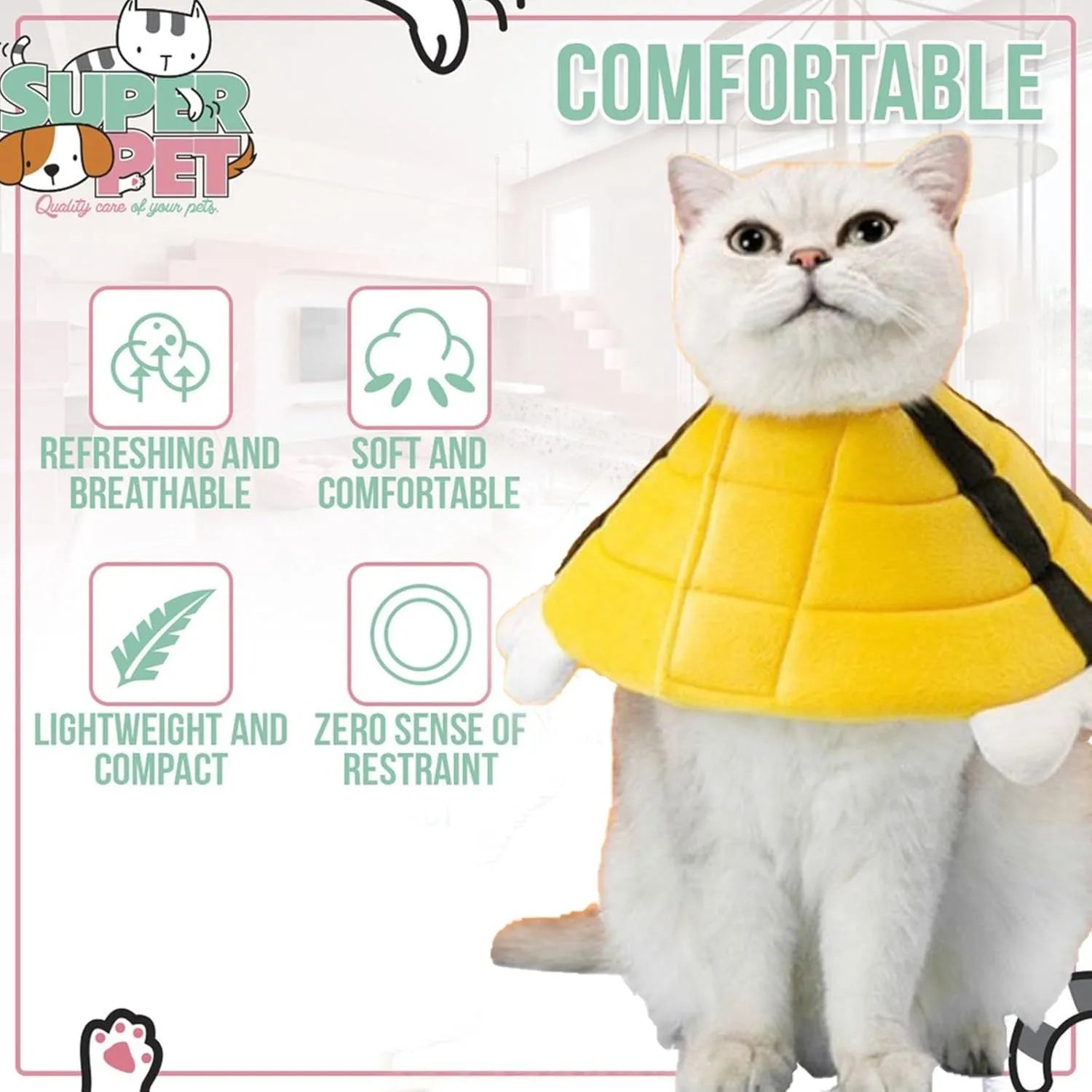 Soft white cat cone collar with black bee design and yellow wings, showing Velcro strap for adjustment.
