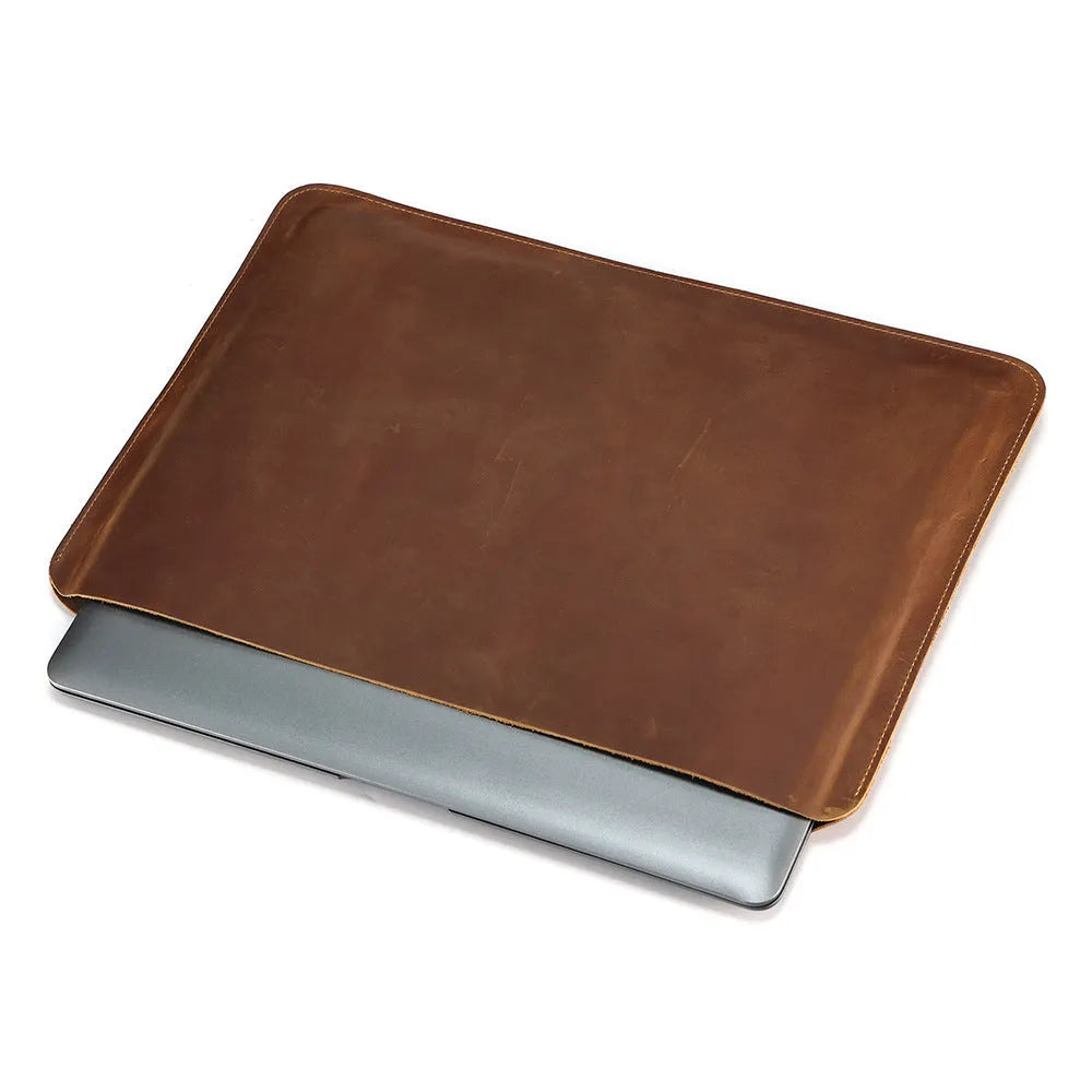 Men's horizontal computer liner bag in genuine crazy horse leather brown colour