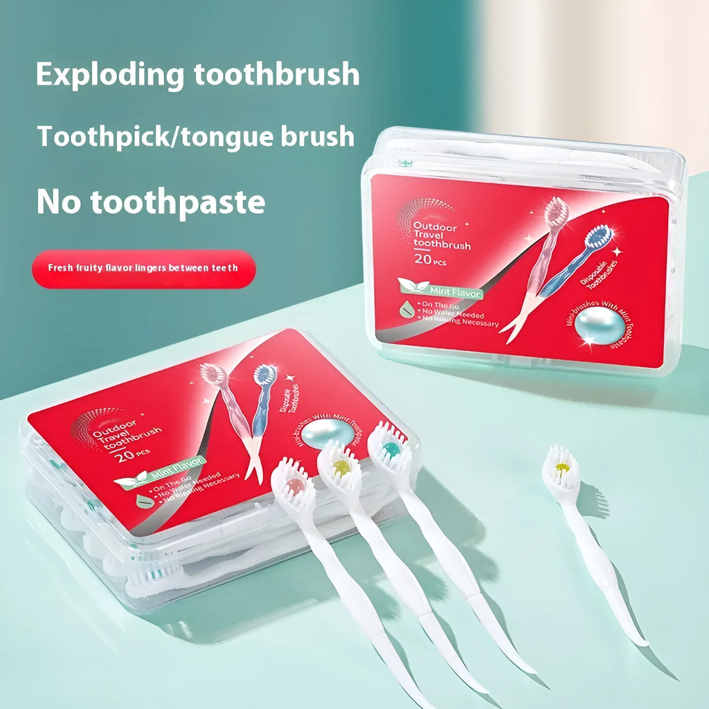 Box containing 20 small white disposable bead toothbrushes with compact rounded heads for travel.