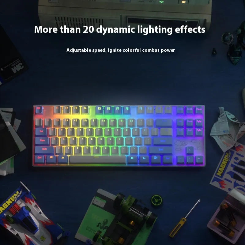 Wireless Bluetooth mechanical keyboard with metal board and green switches in blue white ice blue light colour