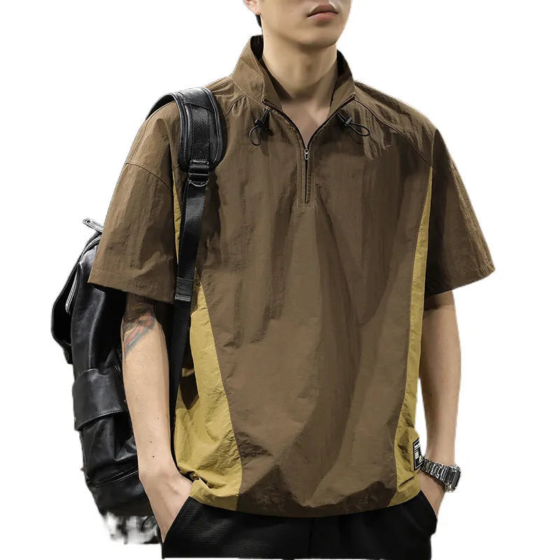Men's brown half zipped stand collar shirt in Vinylon ice silk fabric