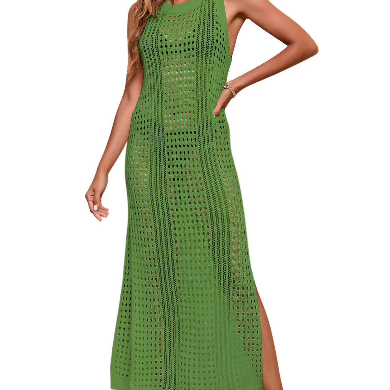 Long loose knitted beach blouse for women in a solid colour with a hollow-out design.