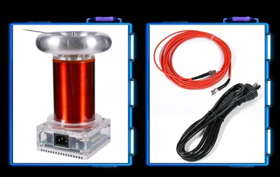 Music Tesla coil driver board with controller and cables on a workspace, showing arc discharge diagram.
