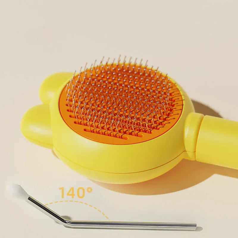 Self-cleaning pet grooming brush with release button and metal comb teeth in multiple colour options