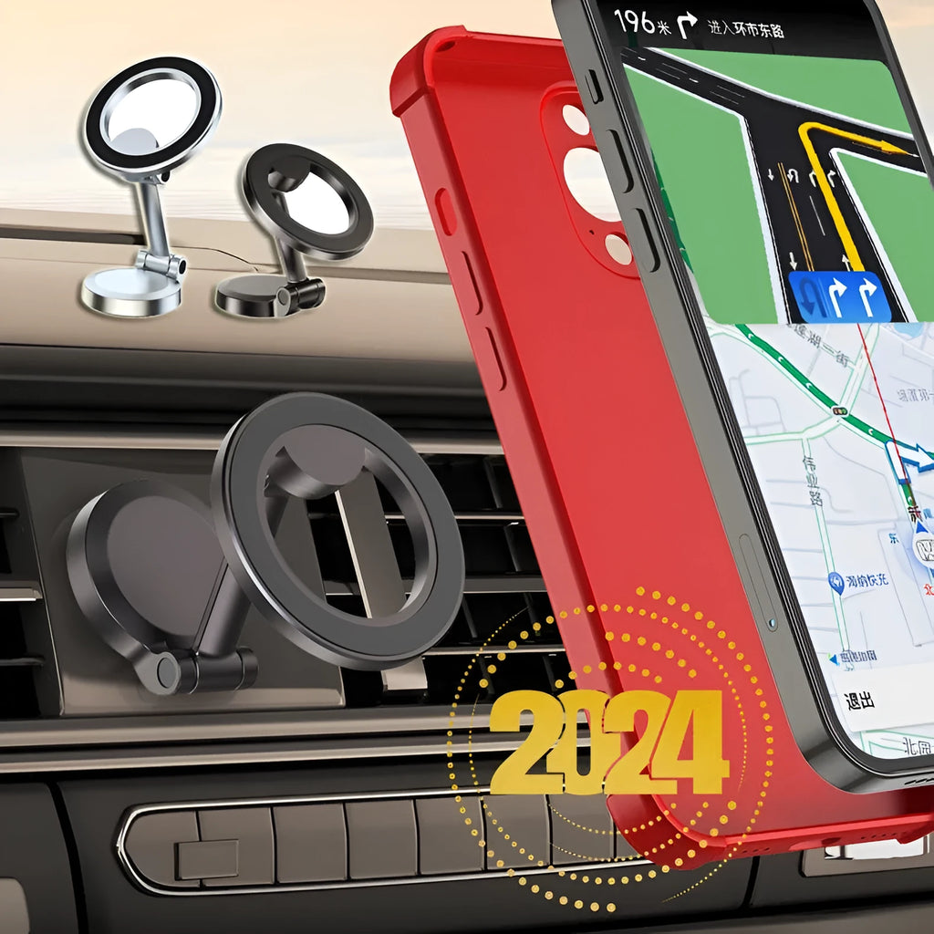 Magnetic car phone mount in Qian colour showing foldable all-metal design for dashboard installation