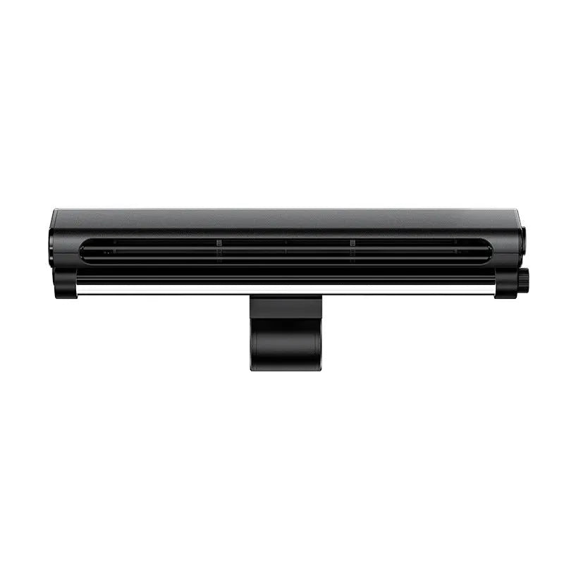 Black bladeless clip-on laptop fan with integrated lighting lamp showing USB cable and screen attachment mechanism