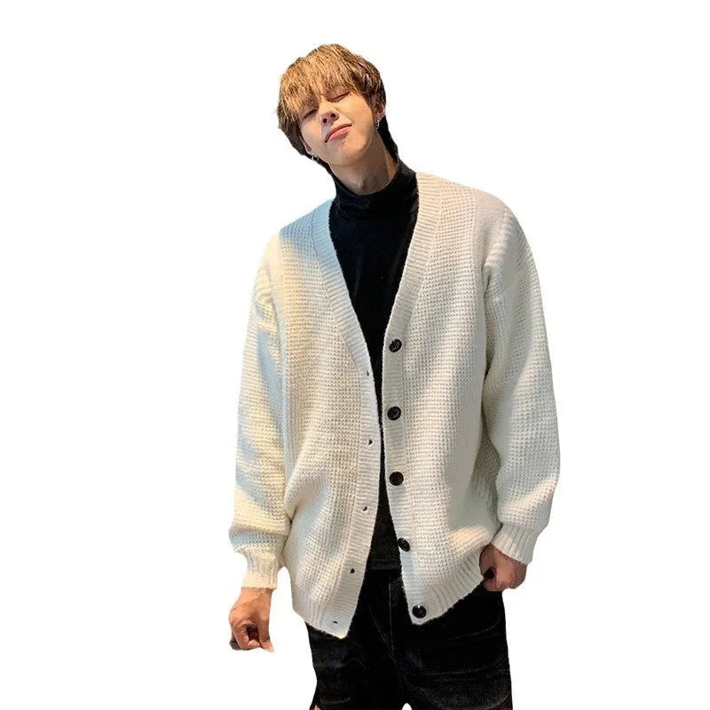 Men's army green loose fit v-neck cotton blend cardigan on a hanger