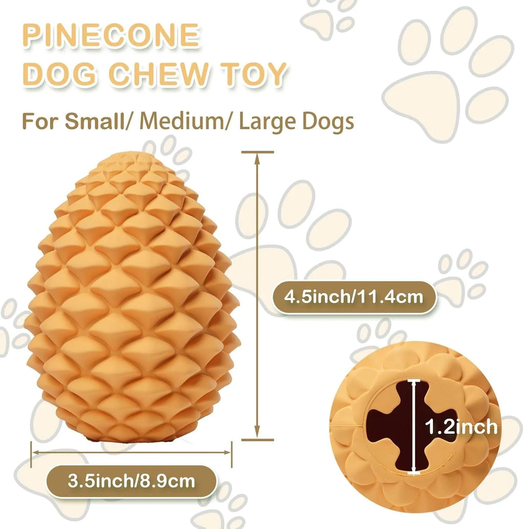Yellow pine cone shaped natural rubber dog chew toy with treat dispenser hole.