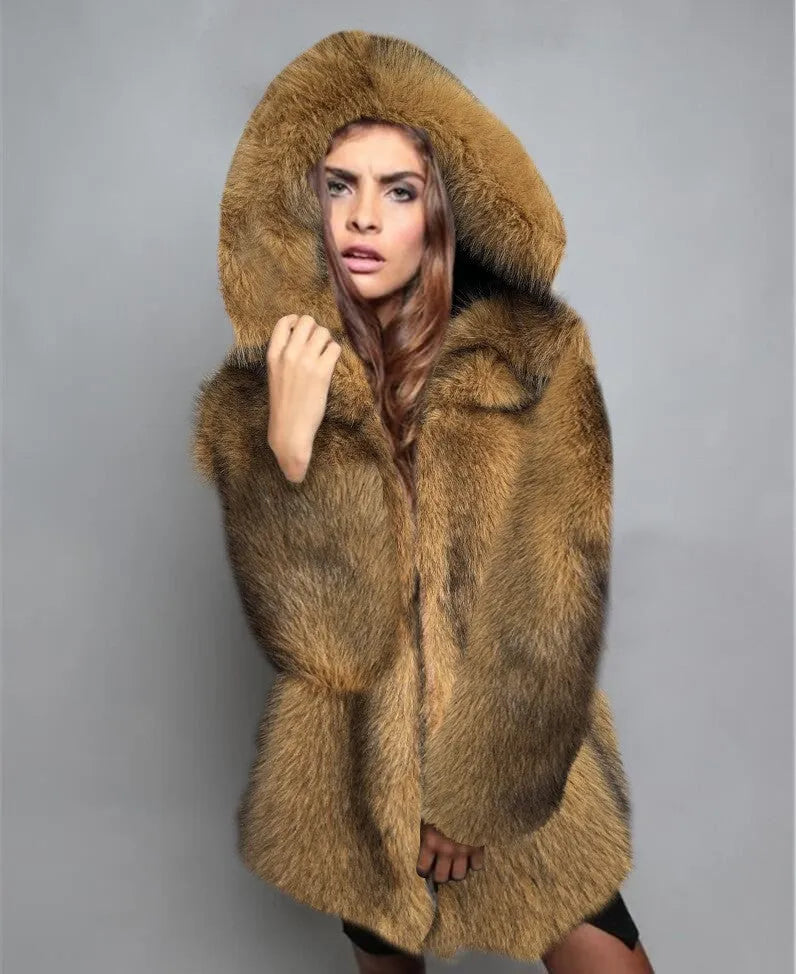 Women's silver grey artificial fur coat with loose fit and mid-length design