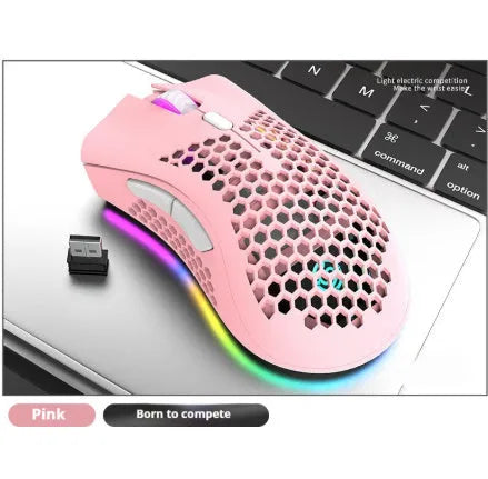 Hollow out patterned wireless gaming mouse with illumination, shown in cyan colour