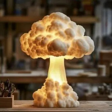 Modern art mushroom cloud shaped table lamp with USB cable connector.