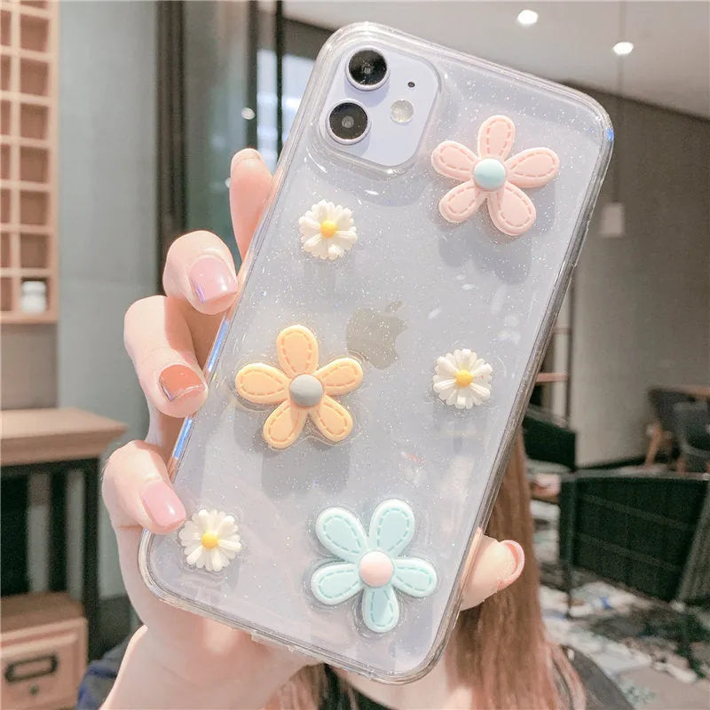 Girl heart design soft rubber iPhone case with New Year's flowers pattern on pink background