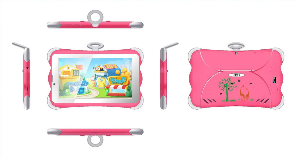 Cartoon-coloured 7-inch children's learning tablet with a protective stand on a table.