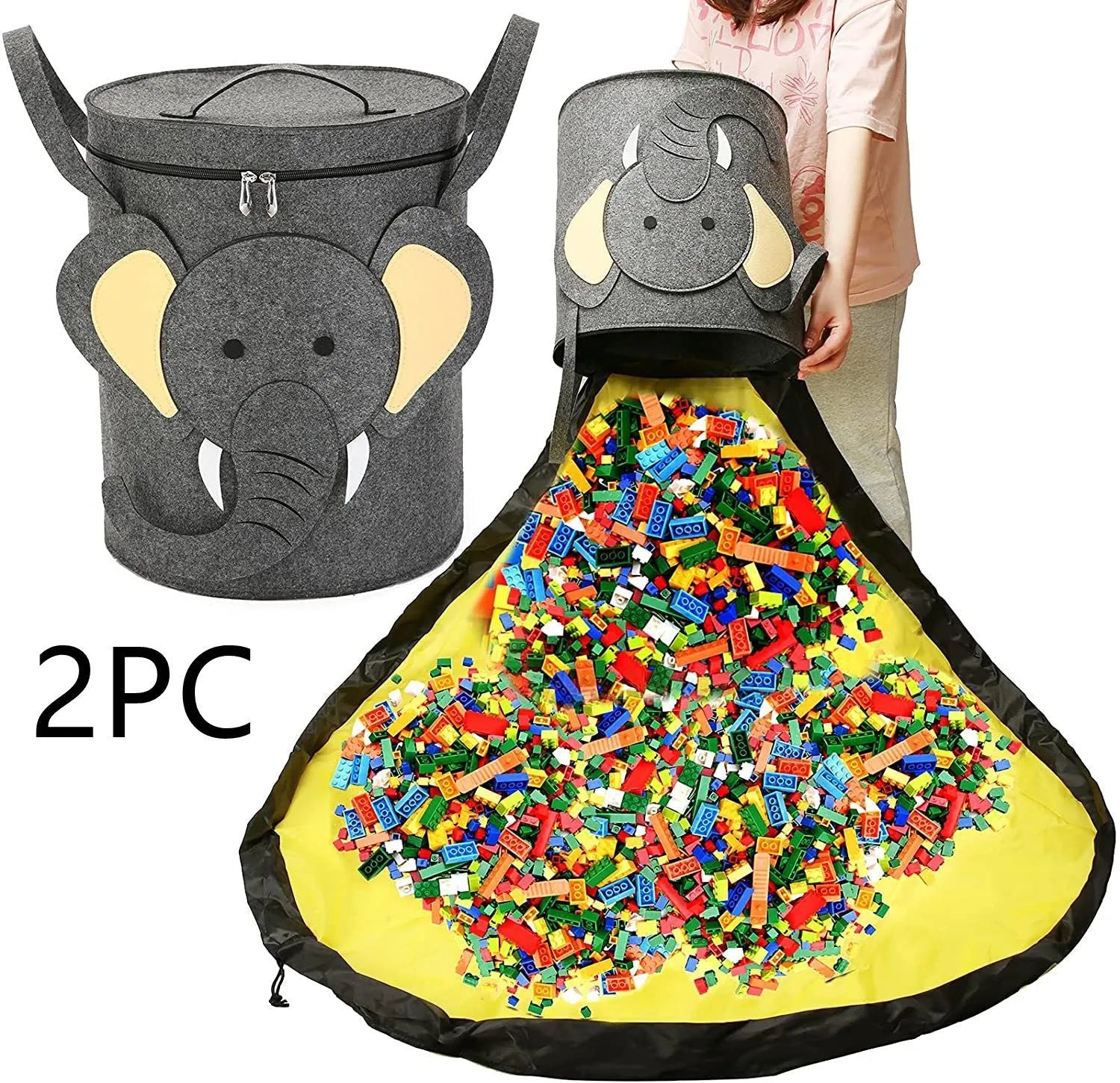 Green felt cube storage bag with pull rope laid flat as play mat for toy organisation