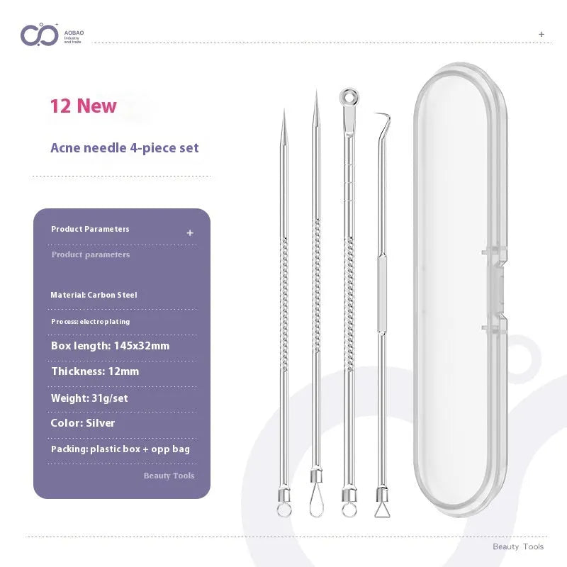 Four silver metal acne needles with ultra-fine pointed tips for skincare treatment.