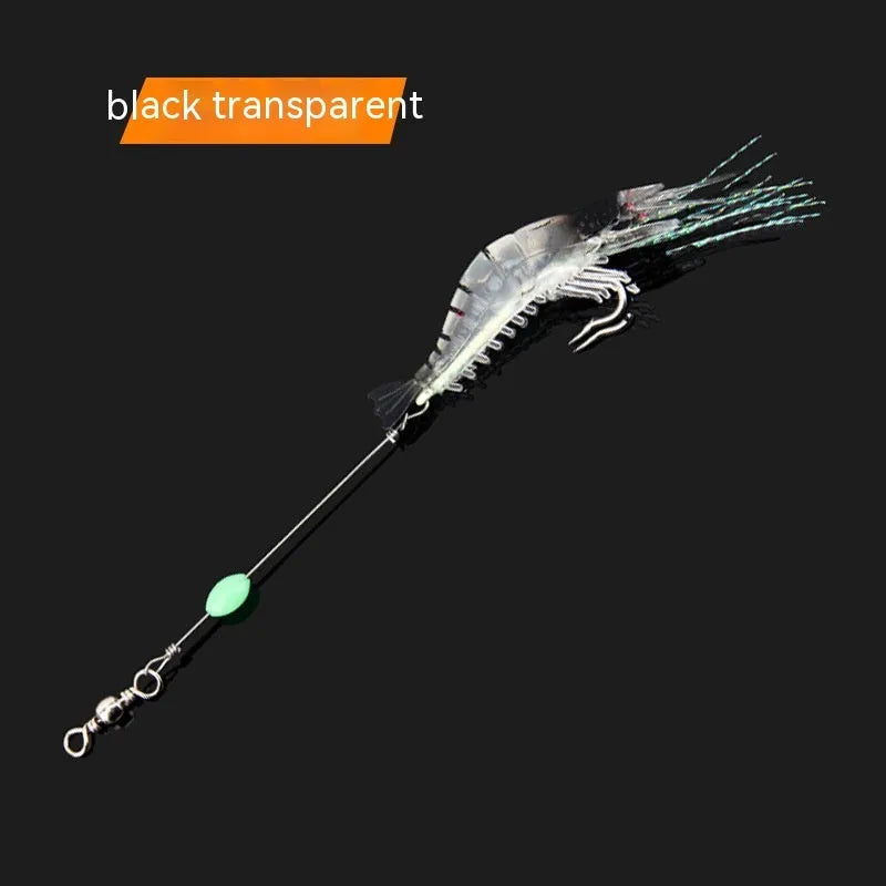 Six soft fishing lures with hooks in colours including black head yellow body, pink luminous, and red head yellow body.