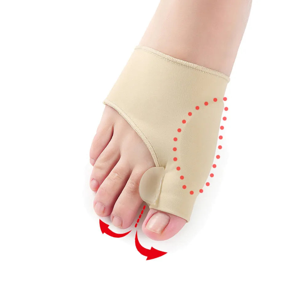 Corrective bunion sock with grey gel pad and silicone toe separator on a stretch fabric base.