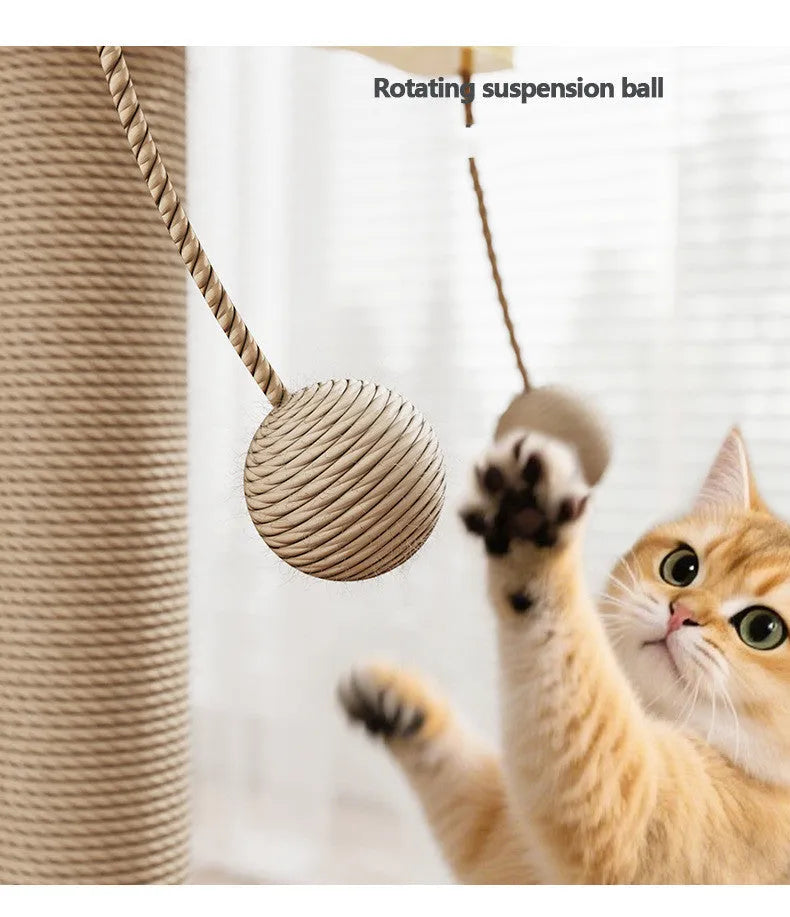 Windmill design cat climbing frame with hanging ball toy made from pine wood and carpet leather