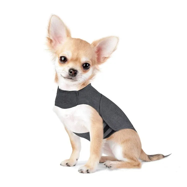Heather grey dog anxiety jacket, a warm vest made from brocade cotton ponte-de-roma fabric.