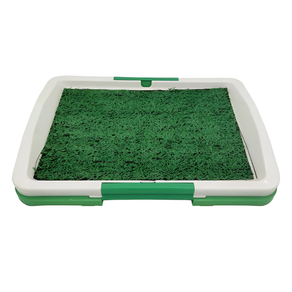 Green artificial turf dog toilet with removable plastic collection tray for indoor potty training.