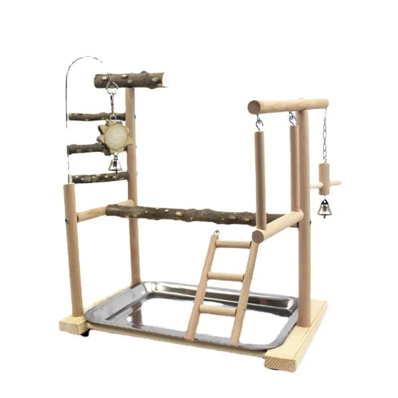 Natural pepper wood parrot toy stand pole with mounting points for bird accessories.