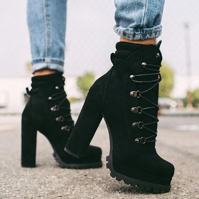 Women's suede high heel ankle boots in army green with a thick heel, round toe, and buckle detail.