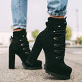 Women's suede high heel ankle boots in army green with a thick heel, round toe, and buckle detail.