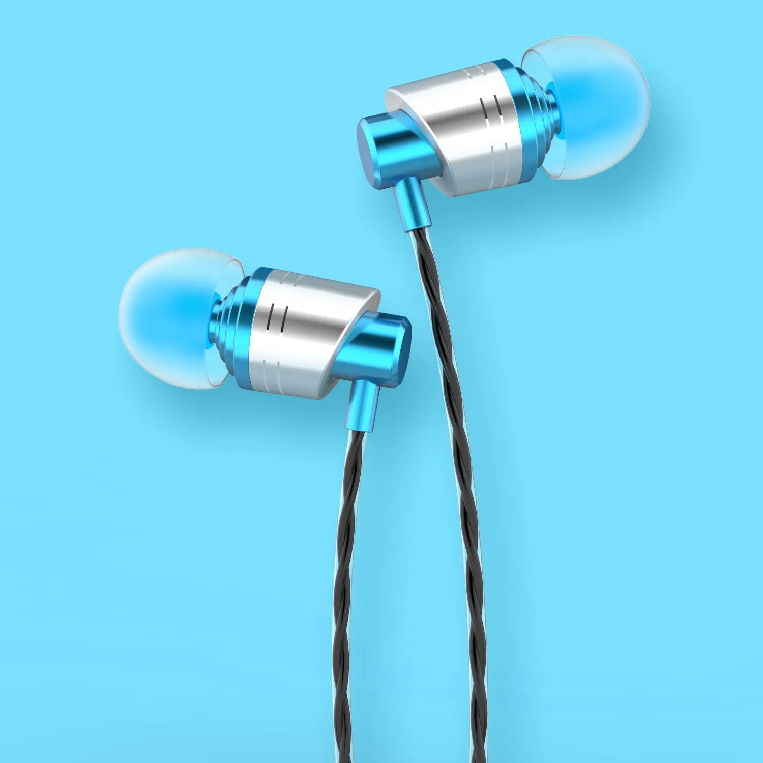 3.5mm wired in-ear headphones with metal subwoofer, microphone and 1.2m cable in black, blue or red colours