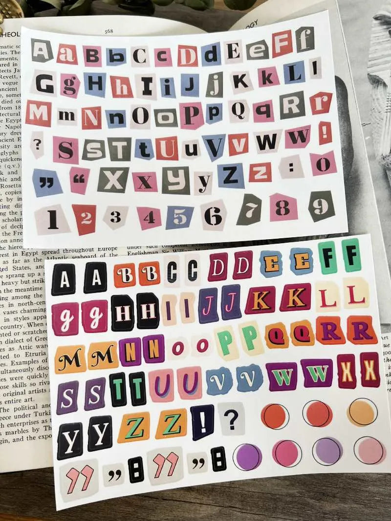 Set of printed English letters, numbers, and weekday word stickers in multiple colours for crafts and organisation