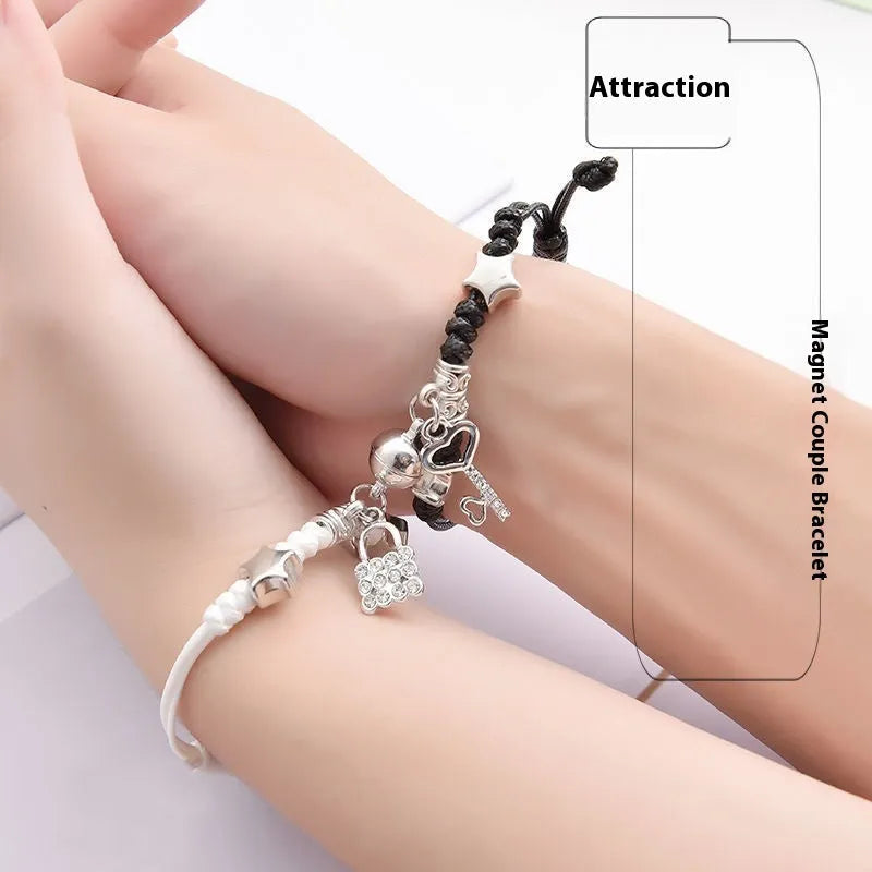 Magnet couple bracelets with magnetic clasp in various styles including love lock and clover designs