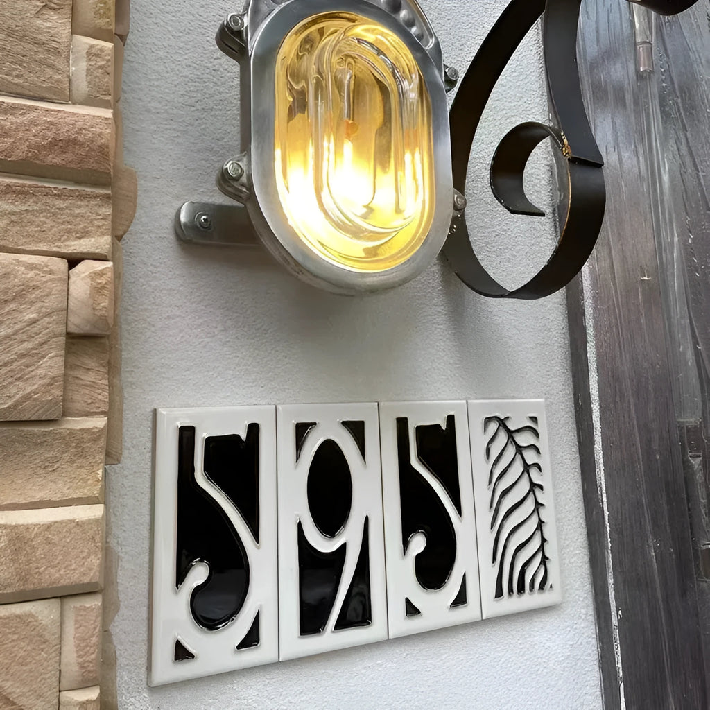 Handmade enamel glazed ceramic retro doorplate measuring 76 by 152mm, showing sample number and Flower Patch styles.