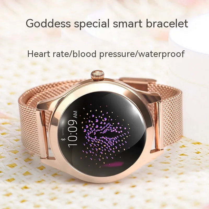 Women's multi-functional sports smartwatch showing heart rate monitoring and four colour options