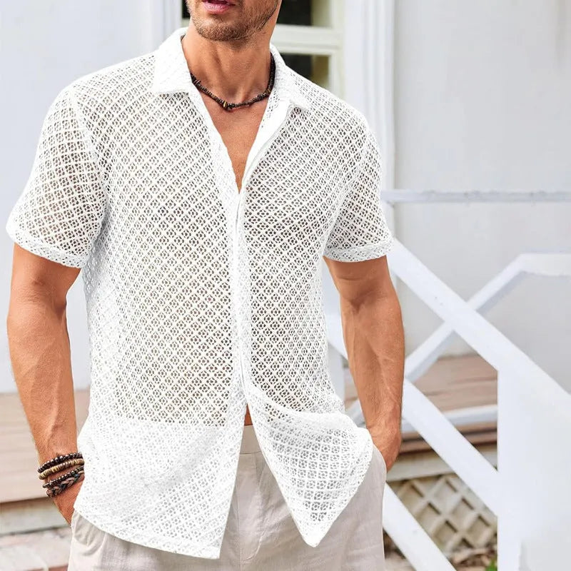 Men's cotton blend mesh short sleeve shirt with lapel collar in solid colour options