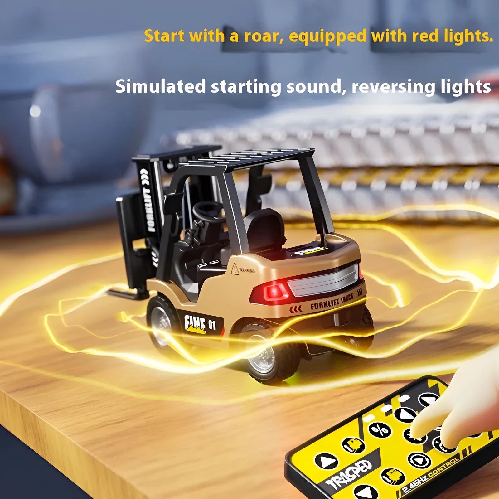 1:64 scale alloy Bluetooth remote control forklift toy with four accessories and three obstacles