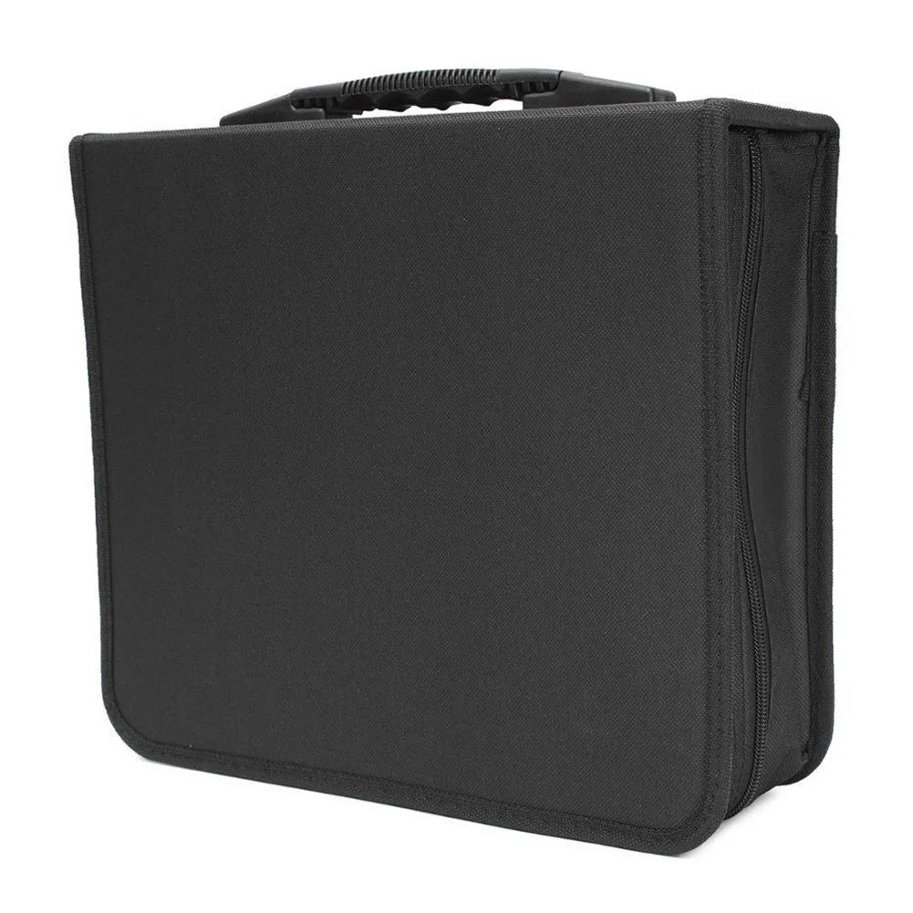 Black Oxford fabric CD storage binder case with a zipper and top hand strap.