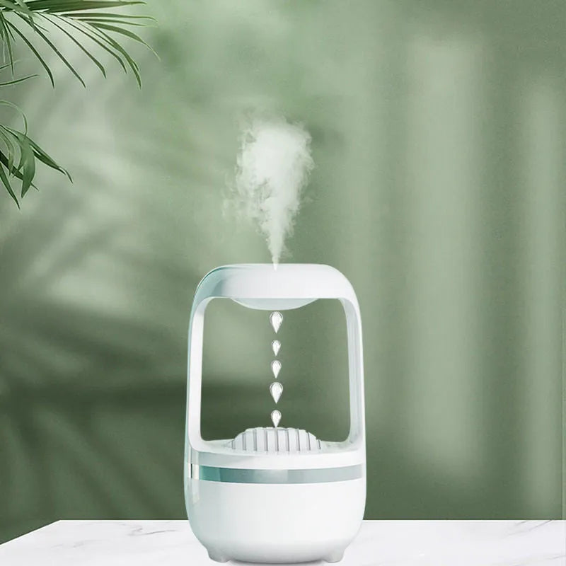 Black and white anti-gravity humidifier with floating water drops and large 500ml water tank.