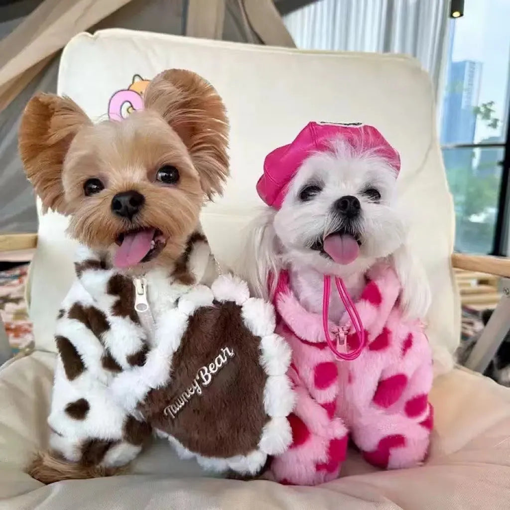 Polyester plush warm coat for small dogs in pink or brown colour, British-style design