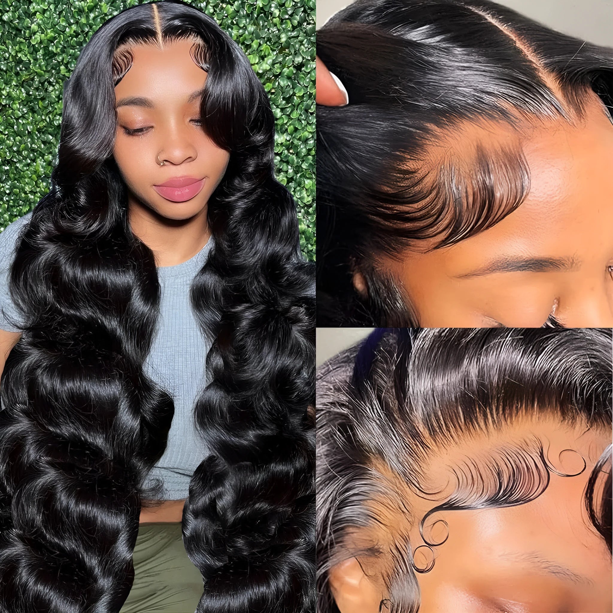 Black medium length curly synthetic wig on display stand showing lace mesh cap and wave pattern