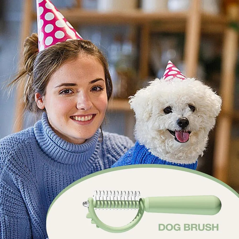 Blue dinosaur-shaped self-cleaning cat brush with stainless steel bristles on a white background.