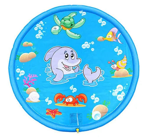 Blue PVC children's water spray mat with marine animal graphics, laid flat on grass.