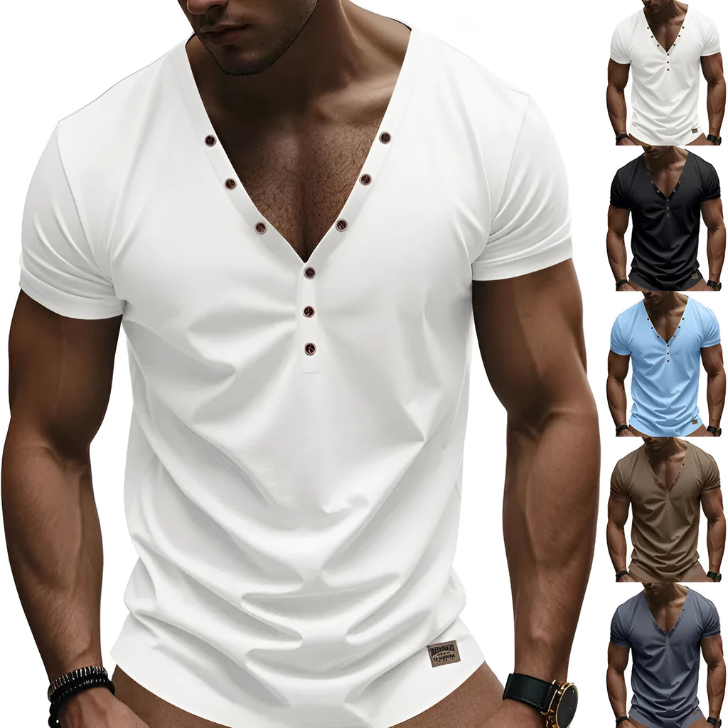 Men's loose V-neck button detail pullover top in a light blue colour on a hanger.
