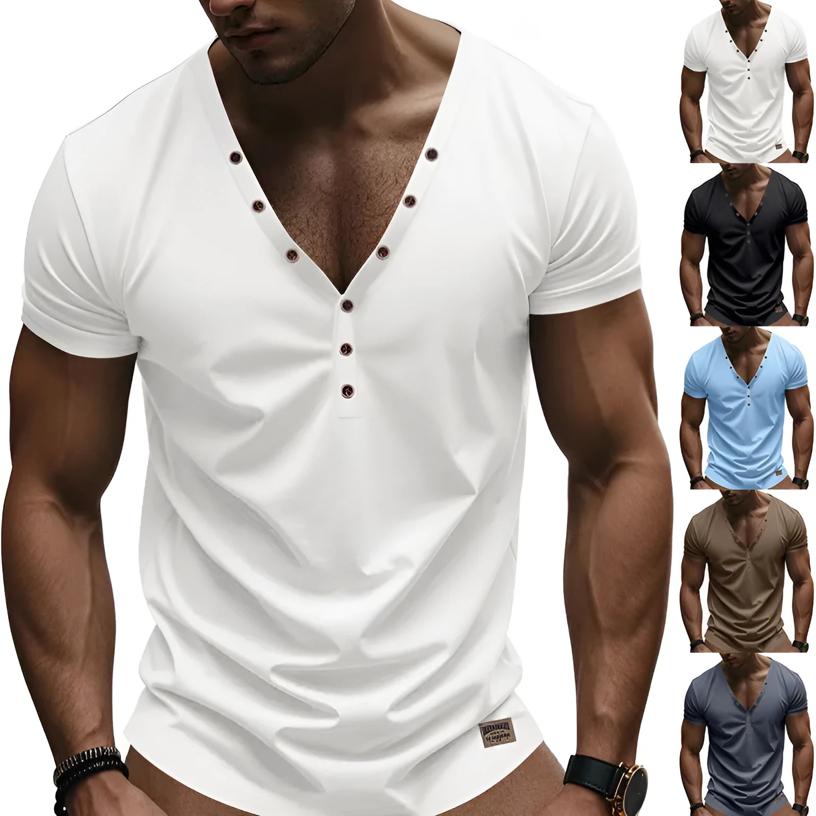 Men's loose V-neck button detail pullover top in a light blue colour on a hanger.