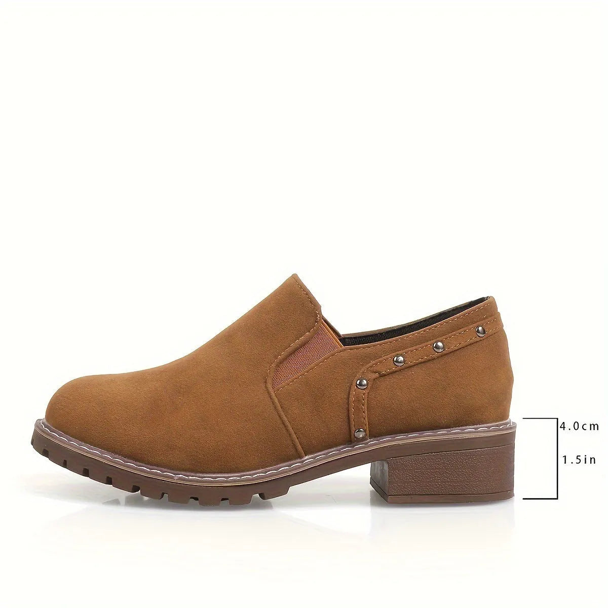 Women's light brown suede ankle boots with elastic band and thick low heel on rubber sole