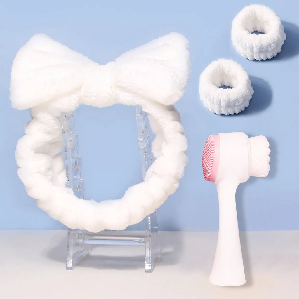 Facial brush set with coral fleece hair band and nylon bristle cleansing brush in multiple colour options