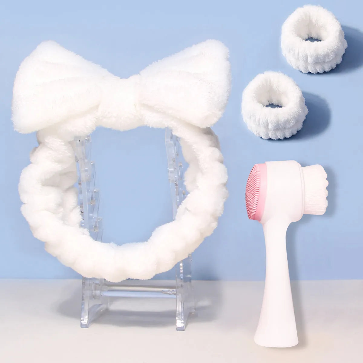 Facial brush set with coral fleece hair band and nylon bristle cleansing brush in multiple colour options