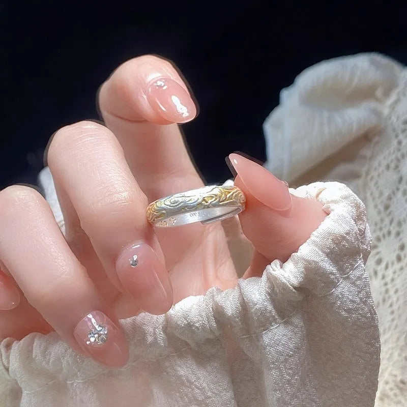 Open-mouth white copper ring with Xiangyun pattern featuring electroplated silver and gold geometric design