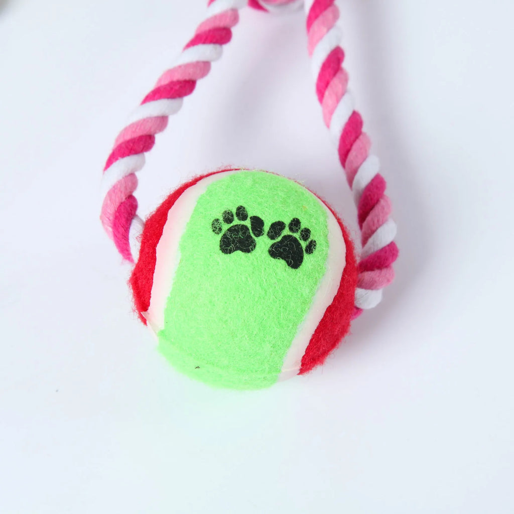 A long, braided red and white cotton rope dog toy for medium and large breeds.