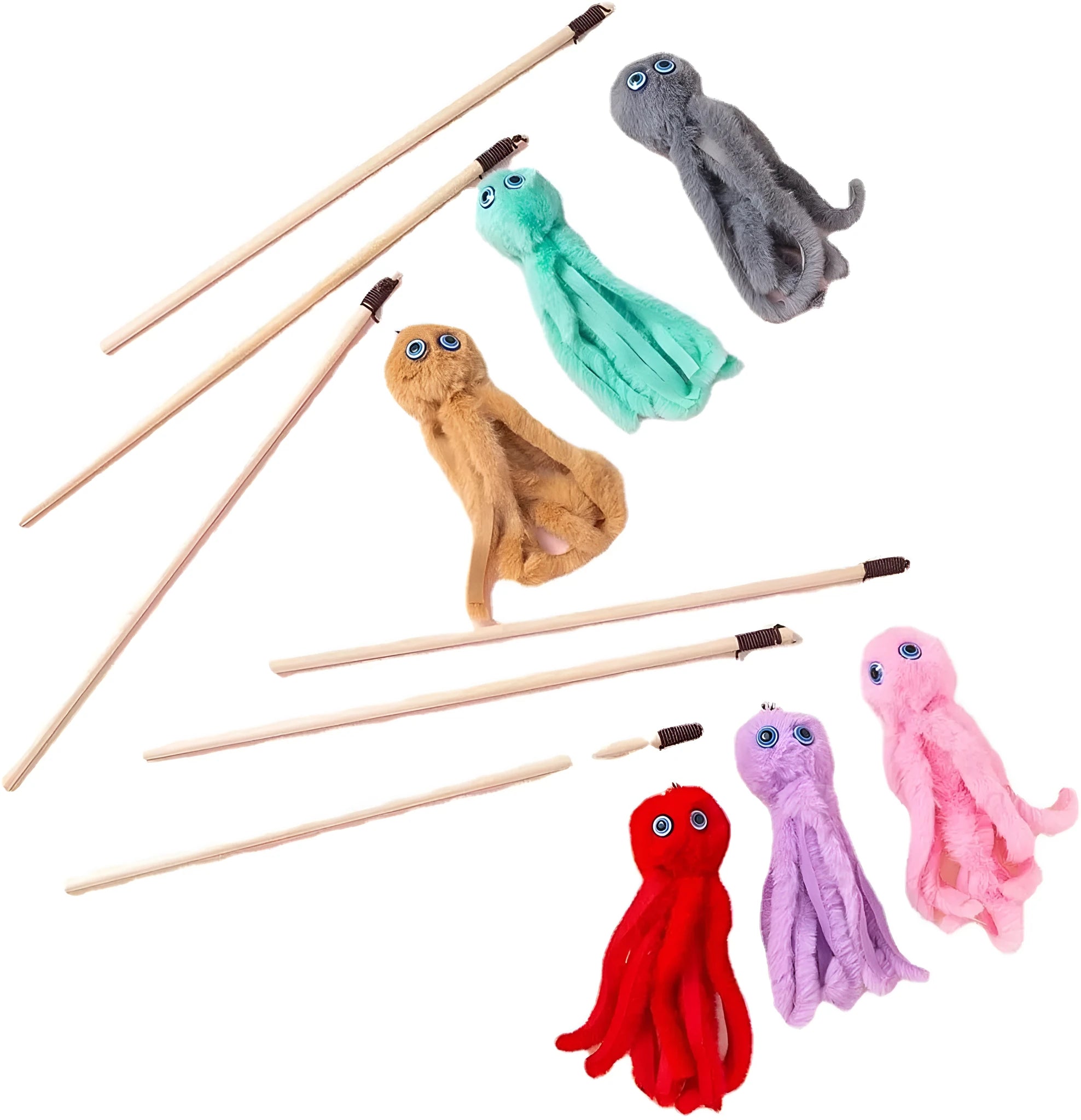 Octopus wand cat toy with moving eyes and flexible wand for indoor kitten play