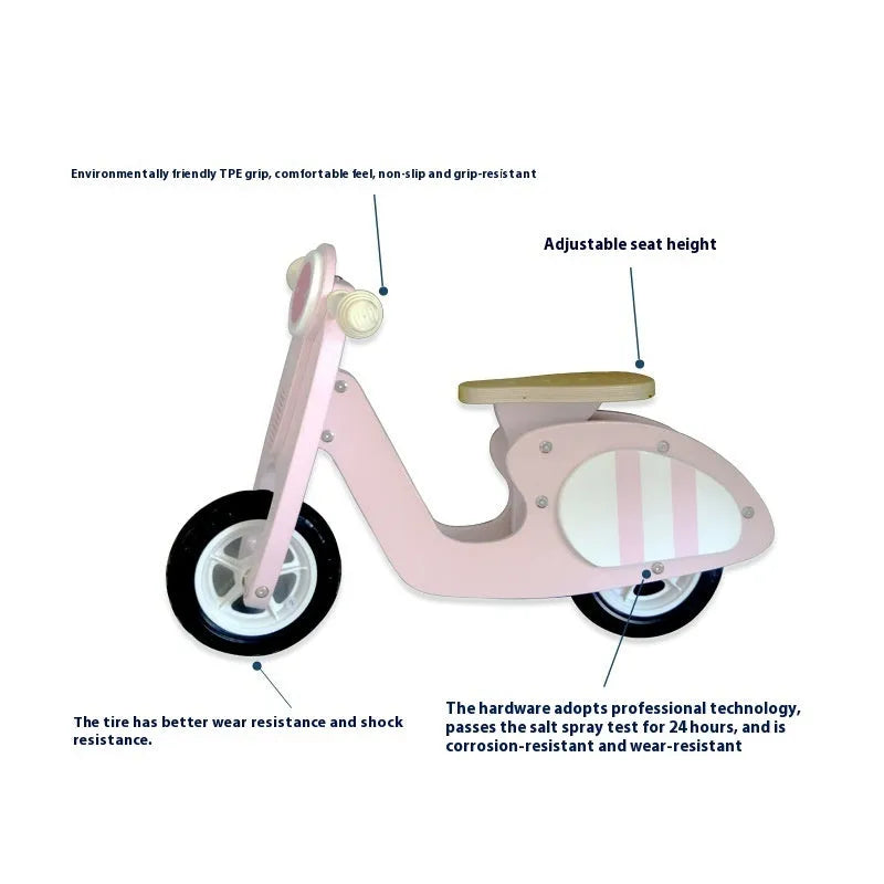 Pink wooden toddler balance scooter for boys and girls aged 1-6 years